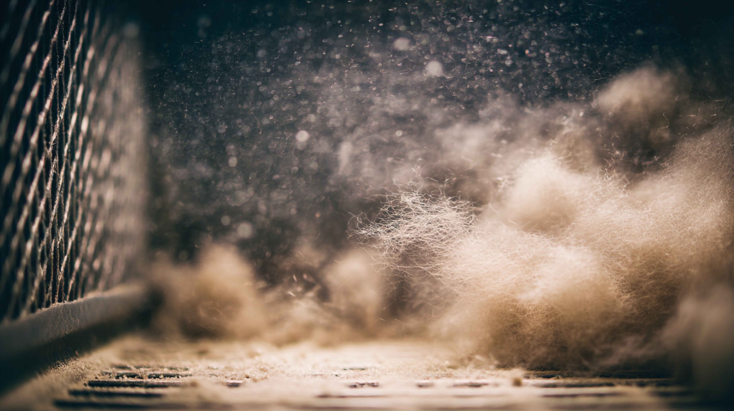 Close-up of dust, fibres and debris trapped within the textured surface of an entrance mat.