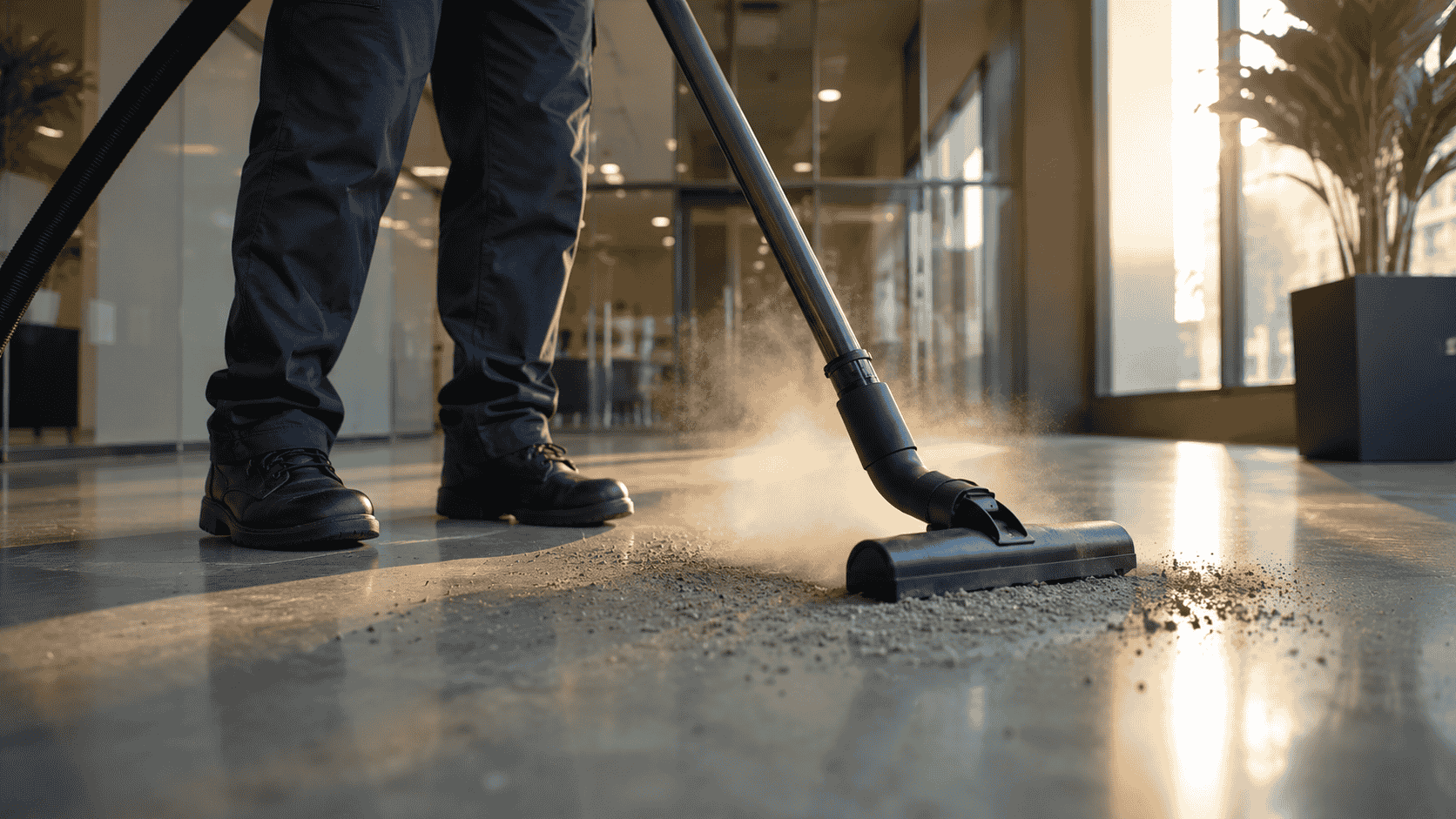 Professional cleaner vacuuming dust and debris from the polished floor of a modern office building.