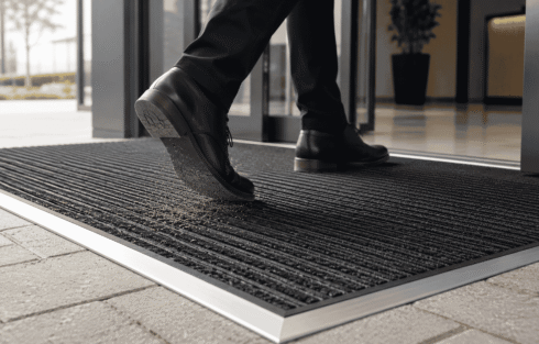 Person walking across a commercial entrance mat as dust and grit are scraped from their footwear.