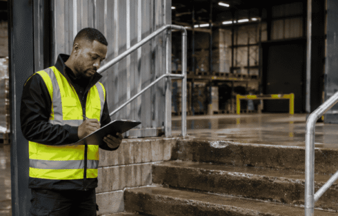 COBA Flooring surveyor assessing wet warehouse stairs for a non-slip GRP flooring solution.
